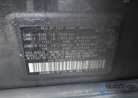 2014 Subaru Outback 2.5I Premium from USA, damaged, VIN 4S4BRCCC8E3257317